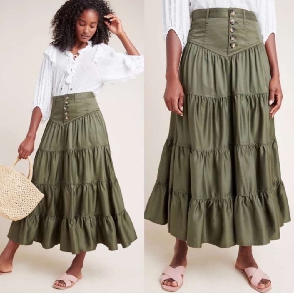 Anthropologie Lainey green tiered maxi skirt